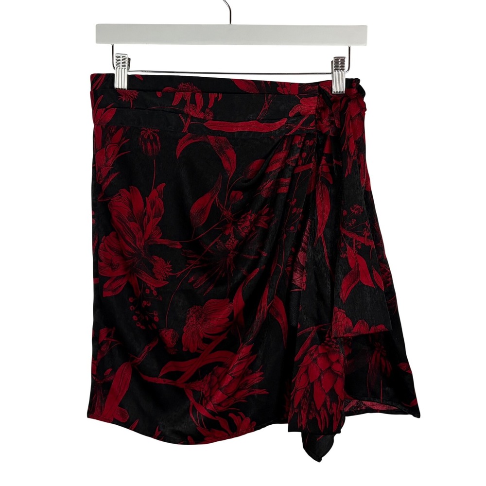Zara Red Black Floral Faux Wrap Mini Skirt Side Tie Satin Finish Small